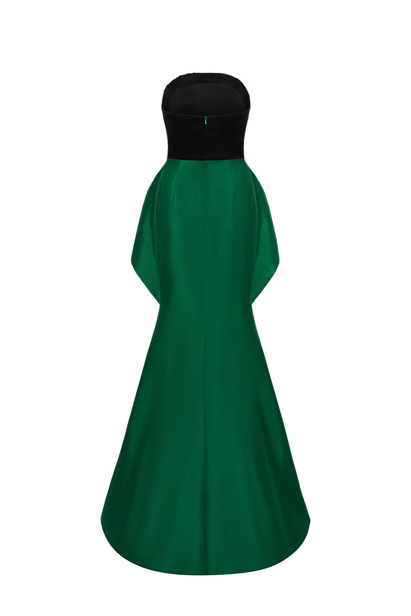 Green MAYLE crepe and taffeta gown by I.H.F featuring a draped waist detail and elegant silhouette.
