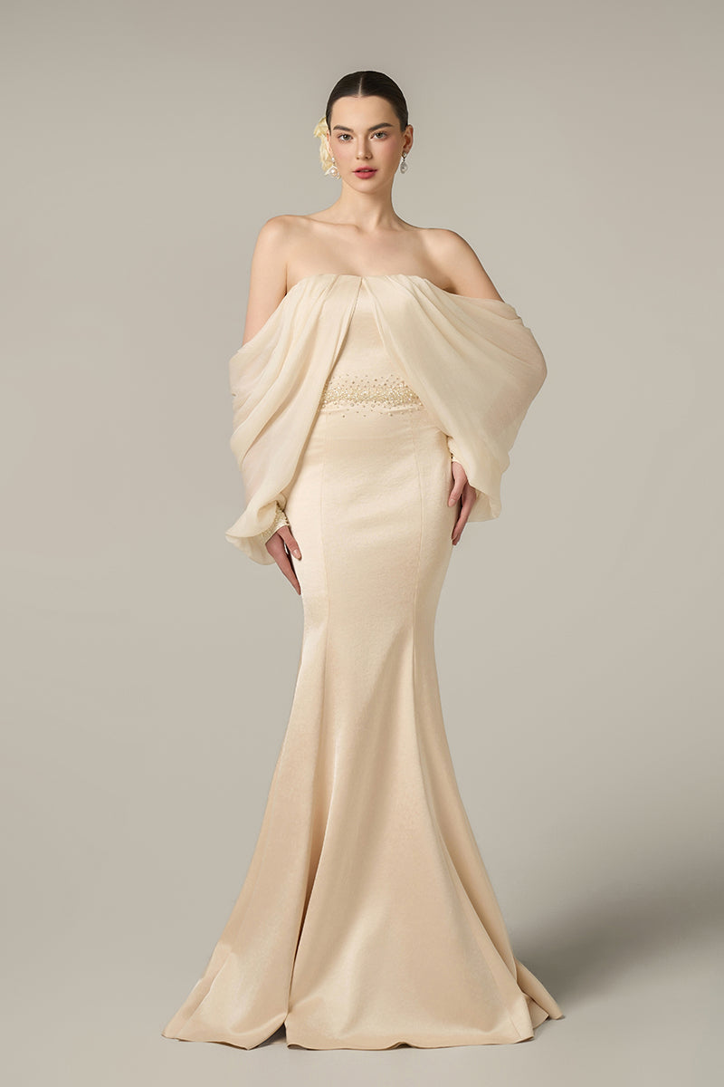 SILK TAFFETA AND CHIFFON DRESS IN GOLD - CULT MIA