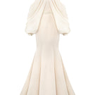 I.H.F gold silk taffeta and chiffon mermaid gown with off-shoulder neckline and bishop sleeves, elegant formal dress.