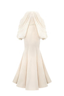 I.H.F gold silk taffeta and chiffon mermaid gown with off-shoulder neckline and bishop sleeves, elegant formal dress.