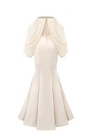 Gold silk taffeta and chiffon mermaid gown with off-shoulder design and bishop sleeves by I.H.F.