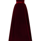 I.H.F LYLA LYON velvet gown featuring a burstier pleated A-line design, elegant and flowing for formal occasions.