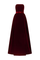 I.H.F LYLA LYON velvet gown featuring a burstier pleated A-line design, elegant and flowing for formal occasions.