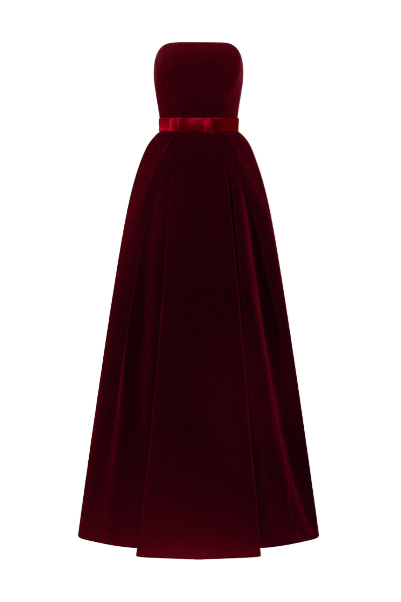 I.H.F LYLA LYON velvet gown featuring a burstier pleated A-line design, elegant and flowing for formal occasions.