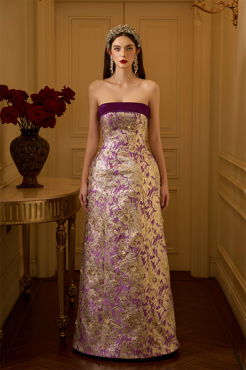 Elegant I.H.F Hannah metallic jacquard and silk gown with a burstier waist and A-line silhouette, showcasing luxurious fabric details.