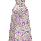 I.H.F metallic jacquard and silk gown with a burstier waist cinch, A-line silhouette, and elegant design.