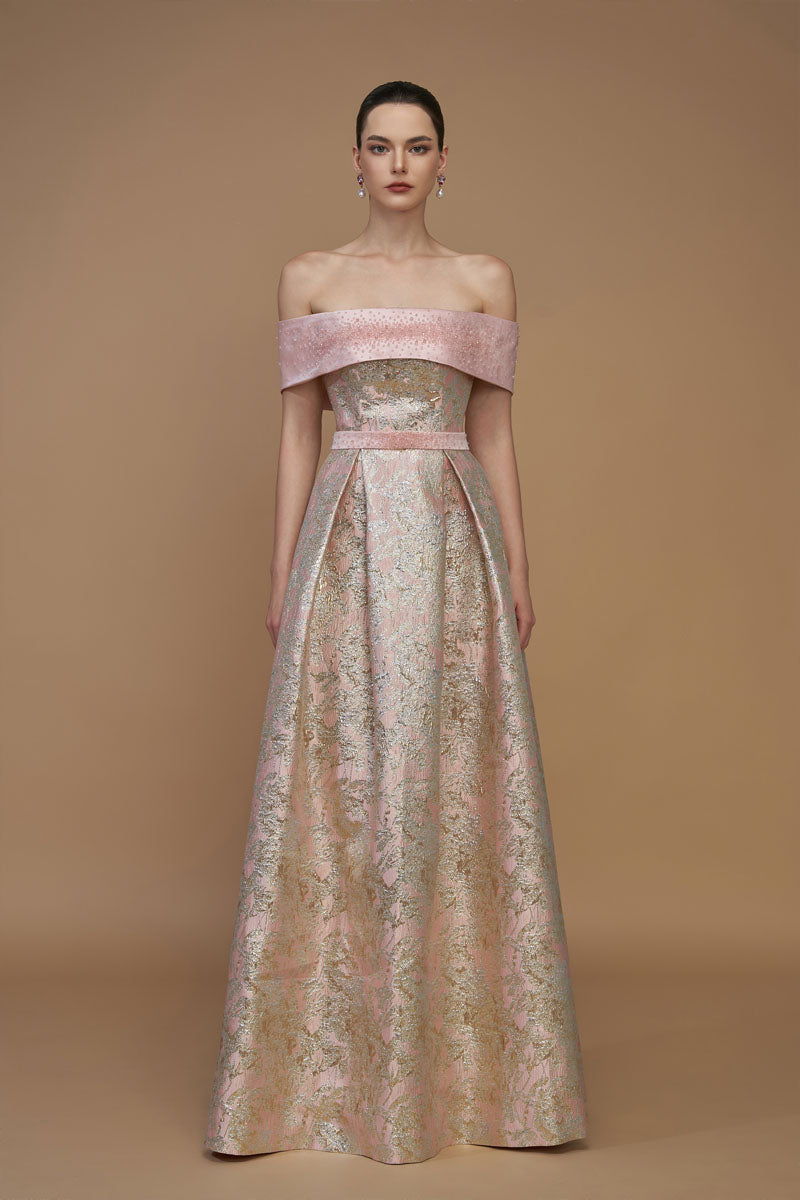 Light pink I.H.F gown featuring metallic jacquard and silk taffeta, with a bustier and A-line silhouette.