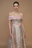 Light pink I.H.F metallic jacquard and silk taffeta gown with bustier and A-line silhouette, elegant evening dress.
