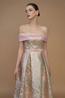 Light pink I.H.F metallic jacquard and silk taffeta gown with a bustier and A-line silhouette, elegant and luxurious formal dress