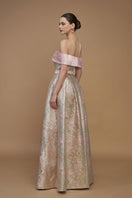 Light pink I.H.F metallic jacquard and silk taffeta gown with bustier and A-line silhouette, elegant formal wear.