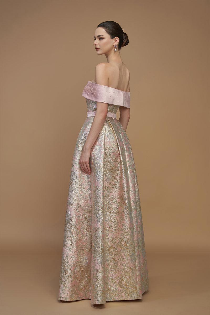 Light pink I.H.F metallic jacquard and silk taffeta gown with bustier and A-line silhouette, elegant formal wear.