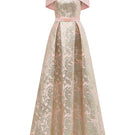 Light pink I.H.F metallic jacquard and silk taffeta gown featuring an A-line silhouette and bustier neckline.