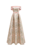Light pink I.H.F metallic jacquard and silk taffeta gown featuring an A-line silhouette and bustier neckline.