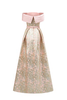 Light pink I.H.F metallic jacquard and silk taffeta gown featuring a bustier and A-line silhouette.
