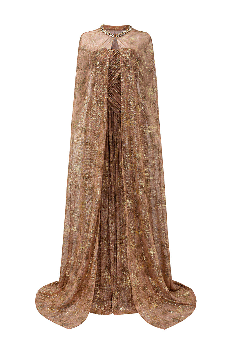 Beige tie-dye metallic chiffon gown by I.H.F featuring a bustier, A-line silhouette, and a long cape for elegant evening wear.