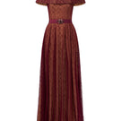 I.H.F Bordeaux lace gown featuring an A-line silhouette, bustier design, and a mini cape with intricate guipure lace details.