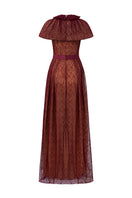 Elegant Bordeaux lace gown with bustier and mini cape from I.H.F, featuring an A-line silhouette and intricate guipure lace details.