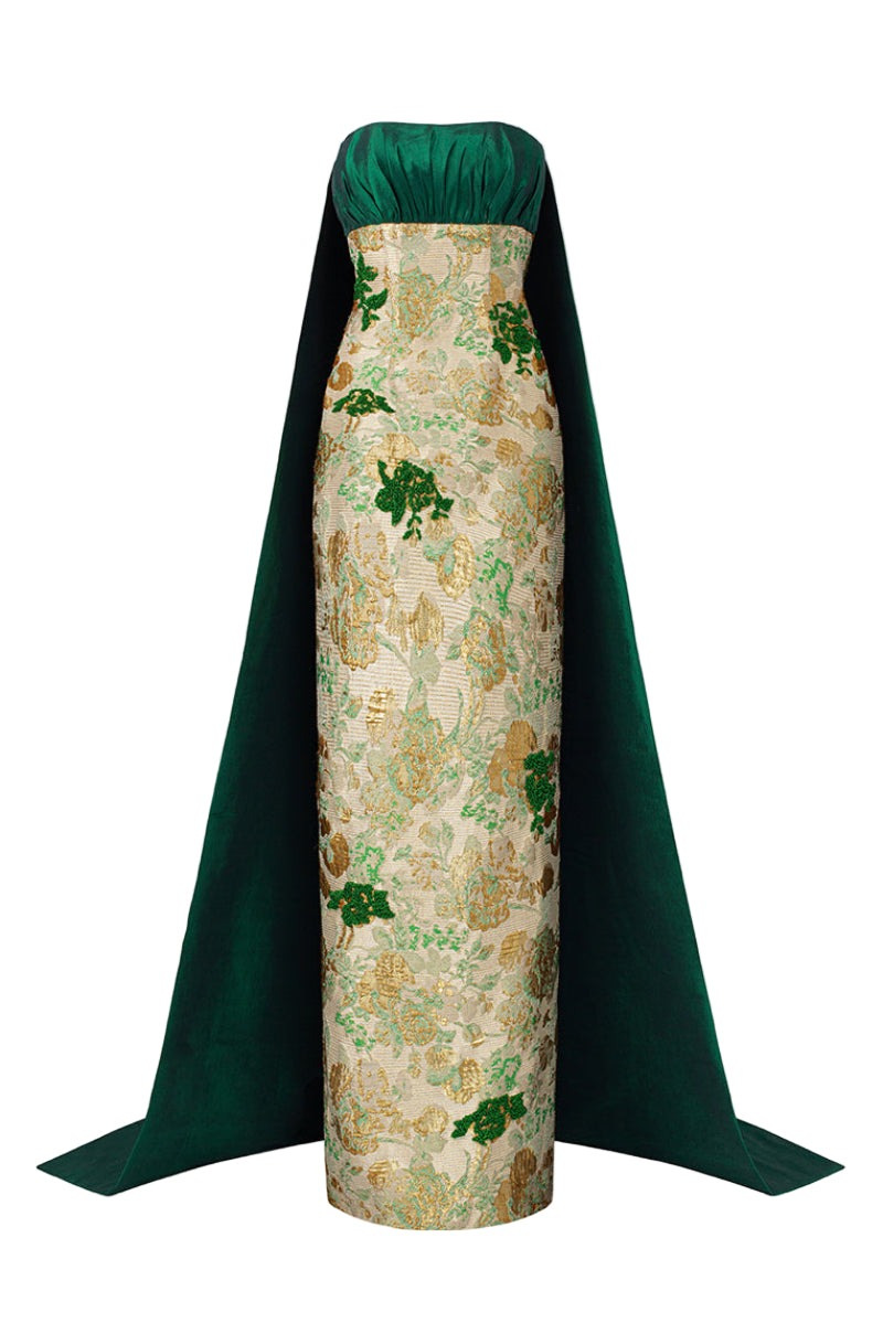 فستان كاثرين من الجاكار المعدني المزهر والتفتا باللون الأخضر