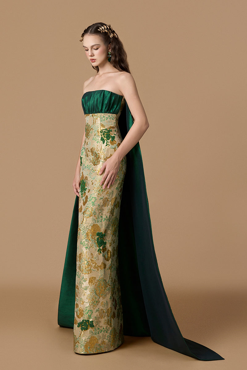 KATHRYN FLORAL METALLIC JACQUARD AND TAFFETA GOWN IN GREEN | CULT MIA | I.H.F KATHRYN FLORAL METALLIC JACQUARD AND TAFFETA GOWN IN GREEN | CULT MIA | I.H.F