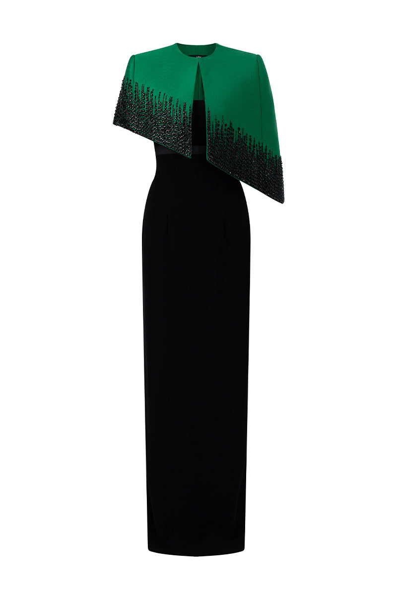 I.H.F green and black crepe de chine taffeta gown with bustier style, column silhouette, and mini cape detail.