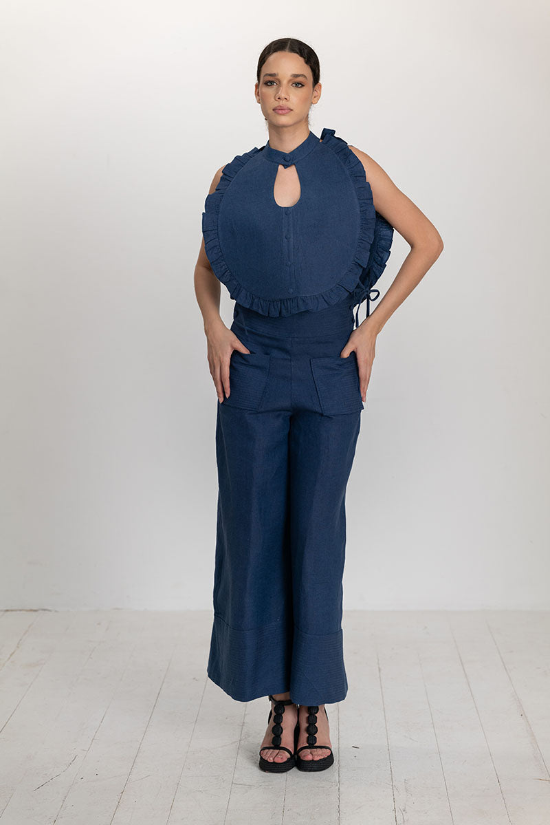 Dark blue button pants by ANA + MARIA featuring a classic design and front buttons, displayed on a neutral background.