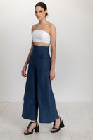 Dark blue button pants by ANA + MARIA, featuring a tailored fit and front buttons, displayed on a neutral background.