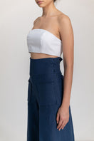 Dark blue button pants by ANA + MARIA, featuring a classic fit and front button closure, displayed on a neutral background.