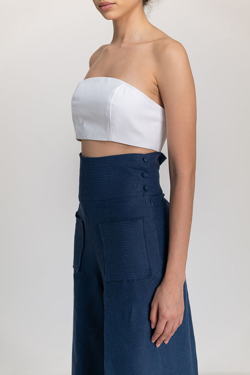 Dark blue button pants by ANA + MARIA, featuring a classic fit and front button closure, displayed on a neutral background.