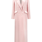 Light pink double-breasted long coat by I.H.F Studio, shown hanging on a wooden hanger.