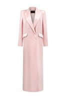 Light pink double-breasted long coat by I.H.F Studio, shown hanging on a wooden hanger.