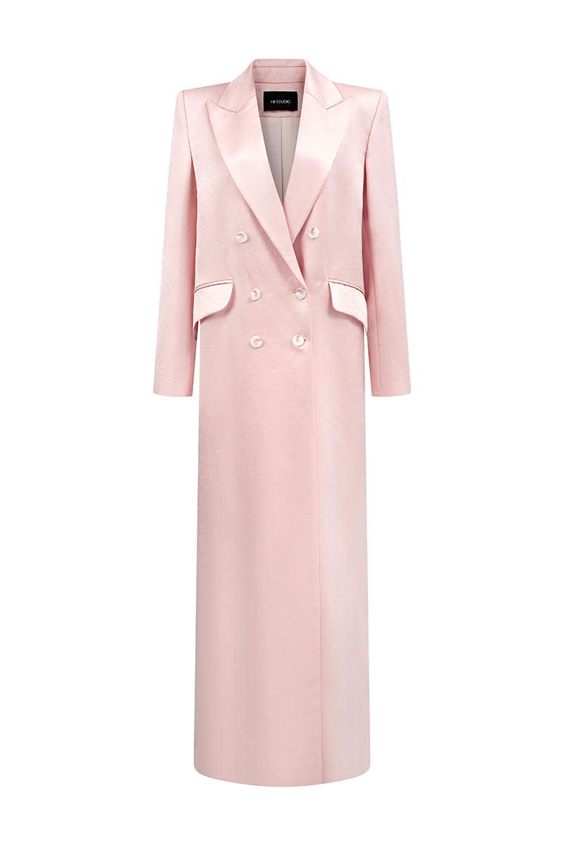 Light pink double-breasted long coat by I.H.F Studio, shown hanging on a wooden hanger.