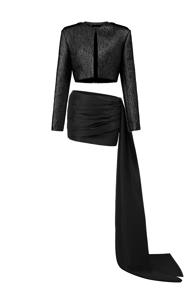 Black cropped jacquard blazer and mini skirt co-ords set by I.H.F Studio, stylish and tailored for a modern look.