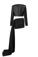 Black croppedd jacquard blazer and mini skirt co-ords set by I.H.F Studio, styled together in a fashionable outfit.
