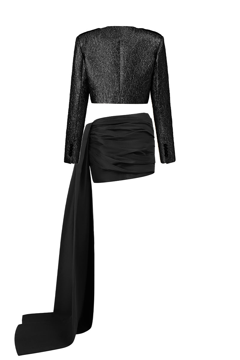 Black croppedd jacquard blazer and mini skirt co-ords set by I.H.F Studio, styled together in a fashionable outfit.