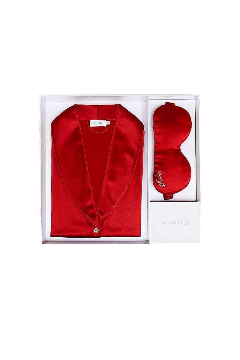 Manito wedding eye mask and pajamas gift box featuring matching silk sleep mask and cozy pajamas in elegant packaging.