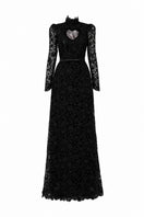 Black lace maxi gown by I.H.F Studio featuring floral vine pattern, long sleeves, and a heart cutout, shown with balloon drawstring detail.