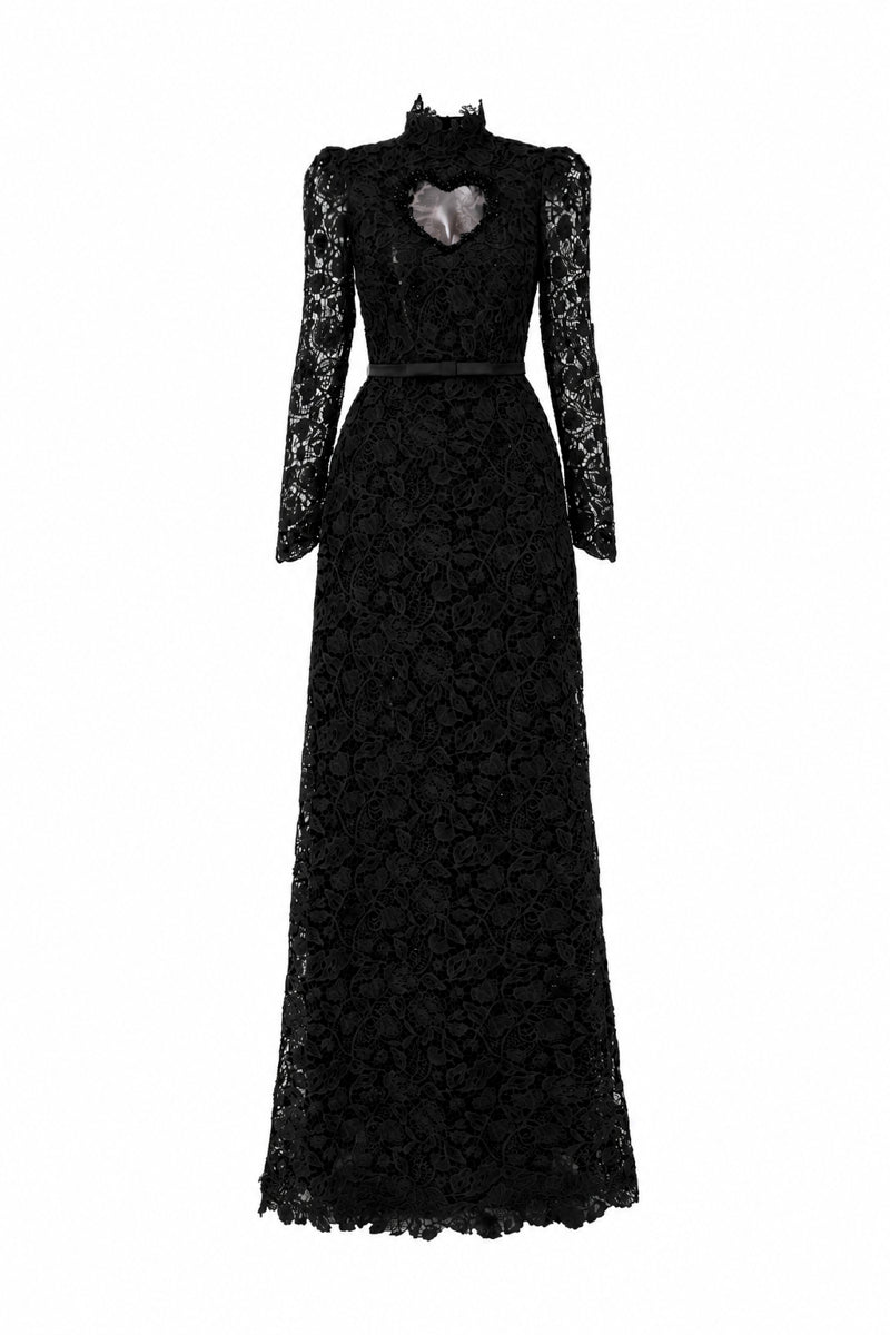 Black lace maxi gown by I.H.F Studio featuring floral vine pattern, long sleeves, and a heart cutout, shown with balloon drawstring detail.