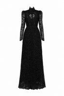 Black floral lace gown by I.H.F Studio featuring long sleeves, a heart cutout, and a flowing maxi dress design.
