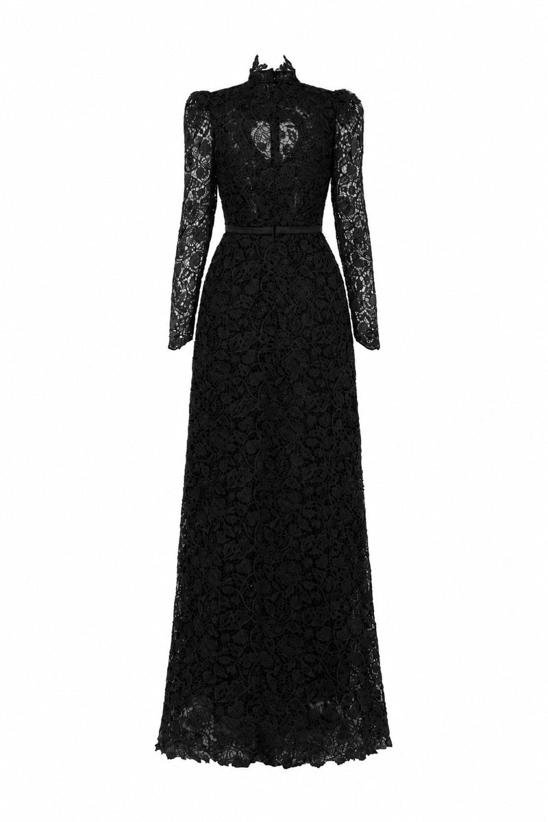 Black floral lace gown by I.H.F Studio featuring long sleeves, a heart cutout, and a flowing maxi dress design.