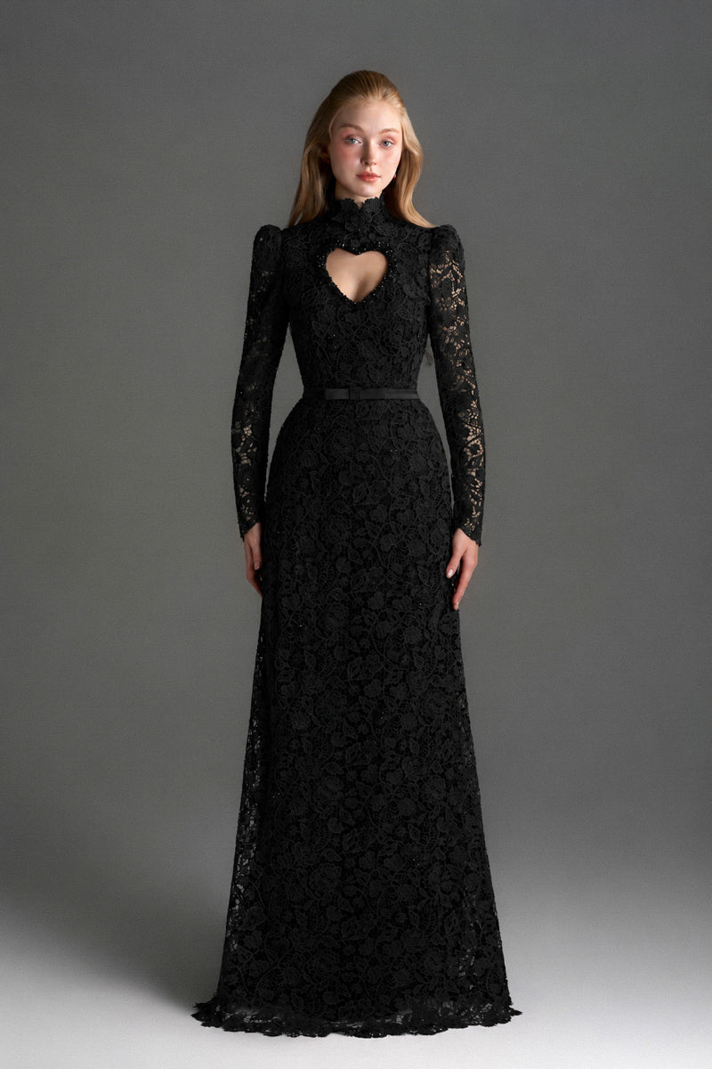Black lace long-sleeve maxi gown with vine floral pattern and heart cutout by I.H.F Studio, featuring balloon drawstring detailing.