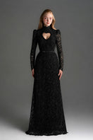 Black lace long-sleeve maxi gown with vine floral pattern and heart cutout by I.H.F Studio, featuring balloon drawstring detailing.