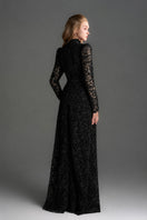 Black floral lace maxi gown with long sleeves, heart cutout, and balloon drawstring from I.H.F Studio.