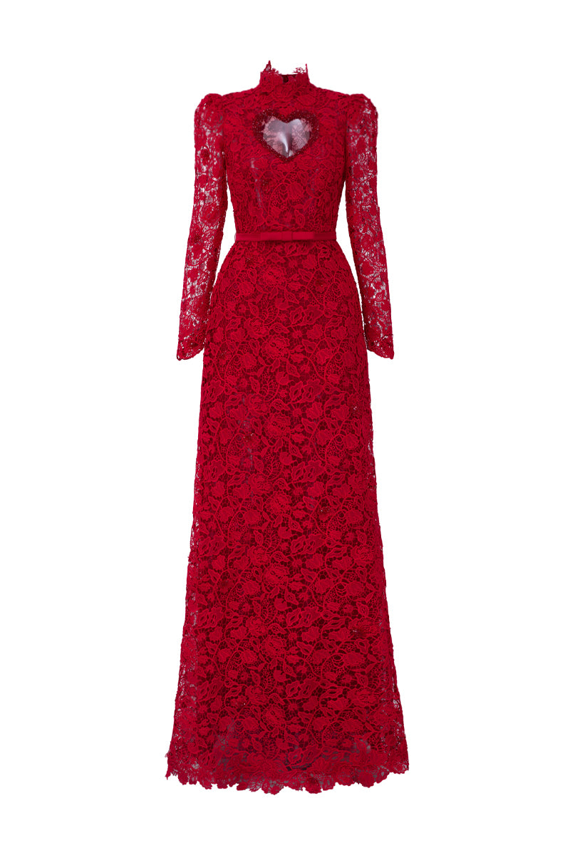 Red floral lace long-sleeve maxi gown with heart cutout and balloon drawstring from I.H.F Studio.
