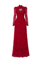 Red floral lace long-sleeve maxi gown with heart cutout and balloon drawstring from I.H.F Studio.