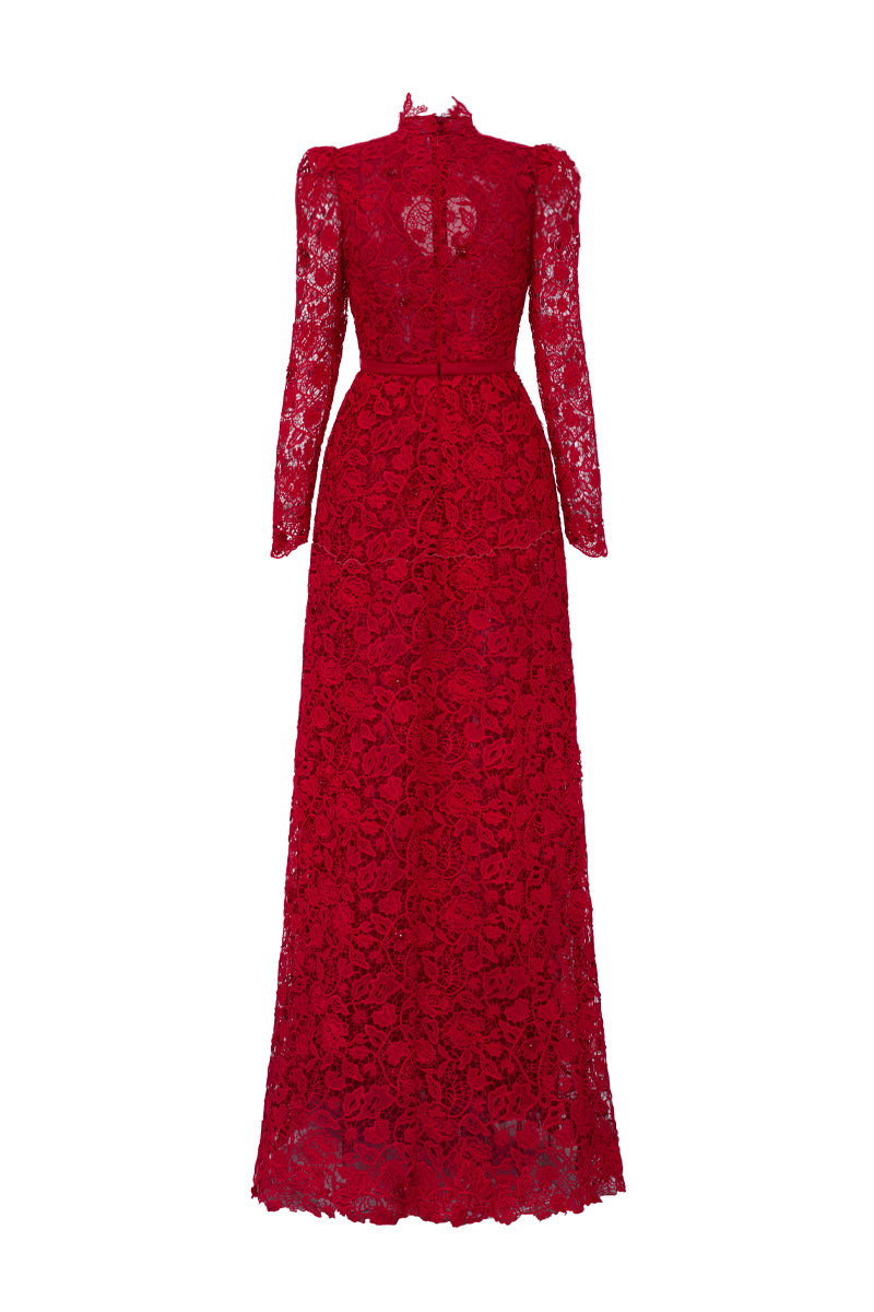 Red floral lace long-sleeve maxi gown with heart cutout by I.H.F Studio, featuring balloon drawstring details.