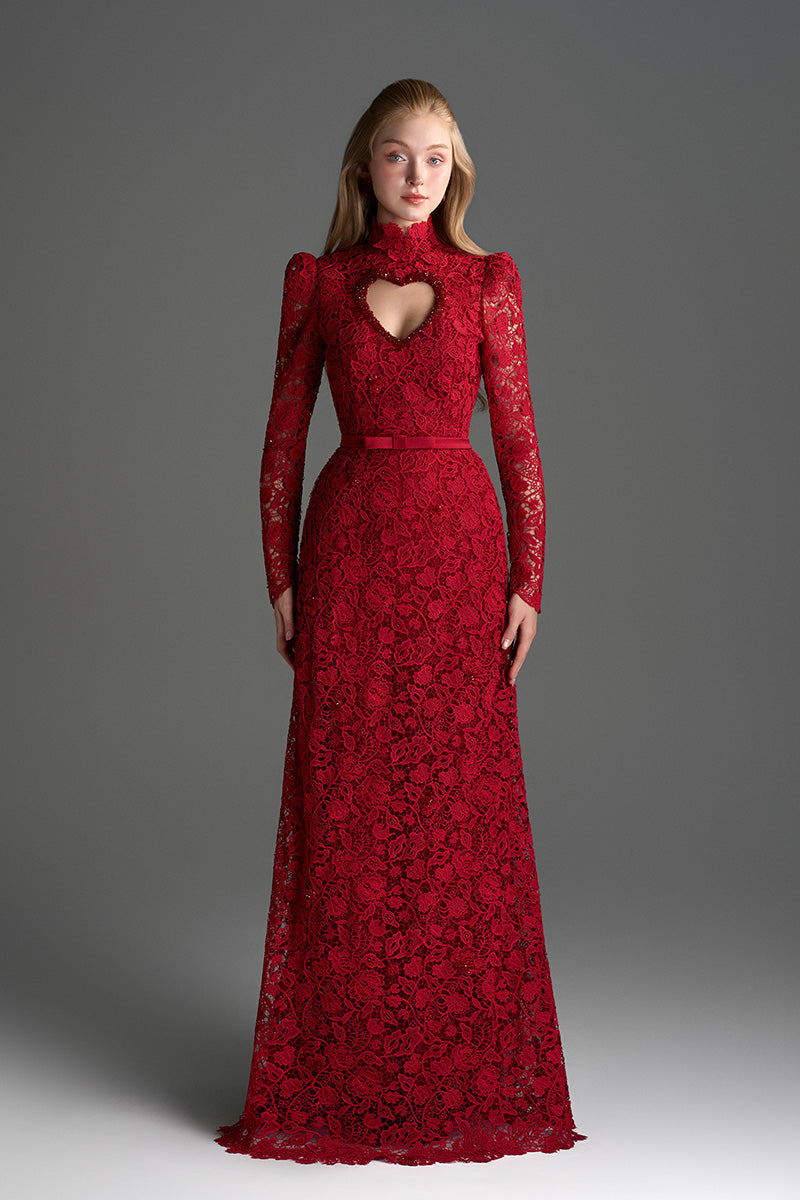 I.H.F Studio red floral lace long-sleeve maxi gown with heart cutout, featuring balloon drawstring design.
