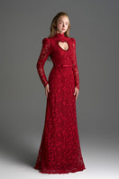 Red floral lace maxi gown with long sleeves and heart cutout by I.H.F Studio, featuring balloon sleeves and drawstring details.