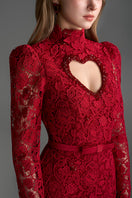 Red floral lace long-sleeve maxi gown with heart cutout from I.H.F Studio, featuring balloon drawstring details.