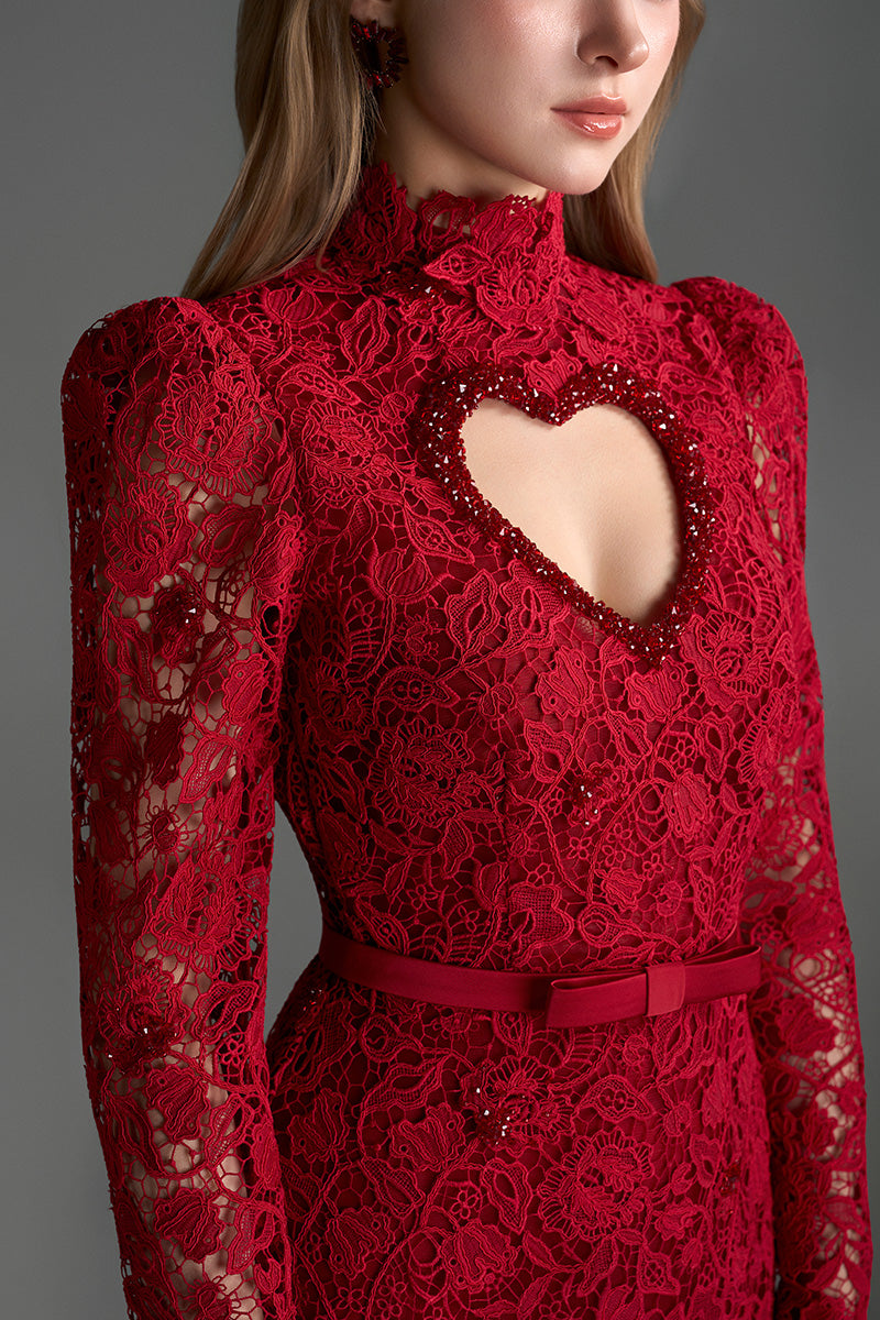 Red floral lace long-sleeve maxi gown with heart cutout from I.H.F Studio, featuring balloon drawstring details.