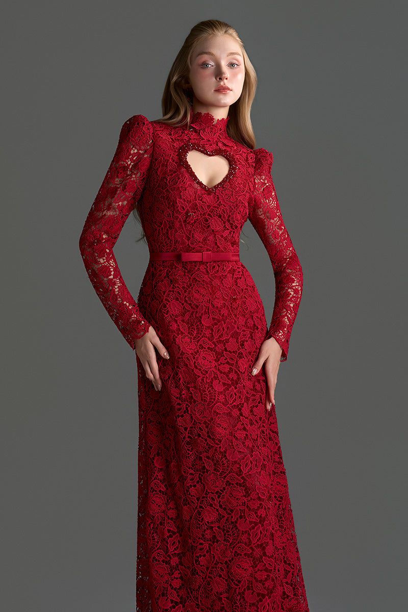 Red floral lace long-sleeve maxi gown with heart cutout by I.H.F Studio, featuring balloon drawstring detail.
